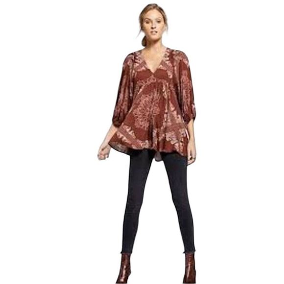 Free People Tops - Free People Girl Talk Tunic Dress Red Paisley V-Neck Boho XS/TP